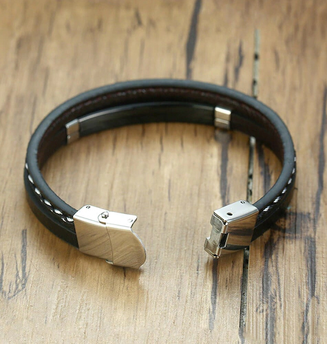 Men Black & Silver-Toned Stainless Steel Wrist Leather Wraparound Bracelet